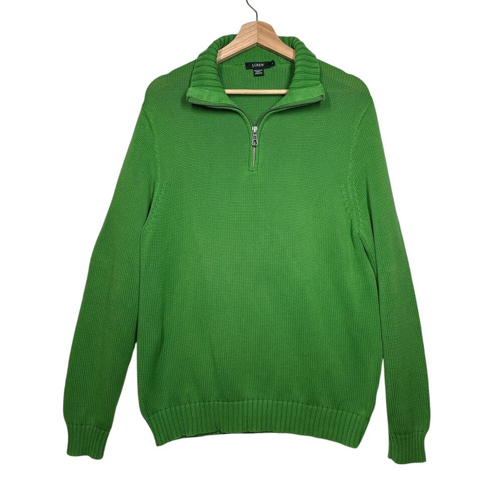 Vintage J. Crew 1/4 Zip Cotton Sweater Pullover Collared Rib Knit Kelly Green L